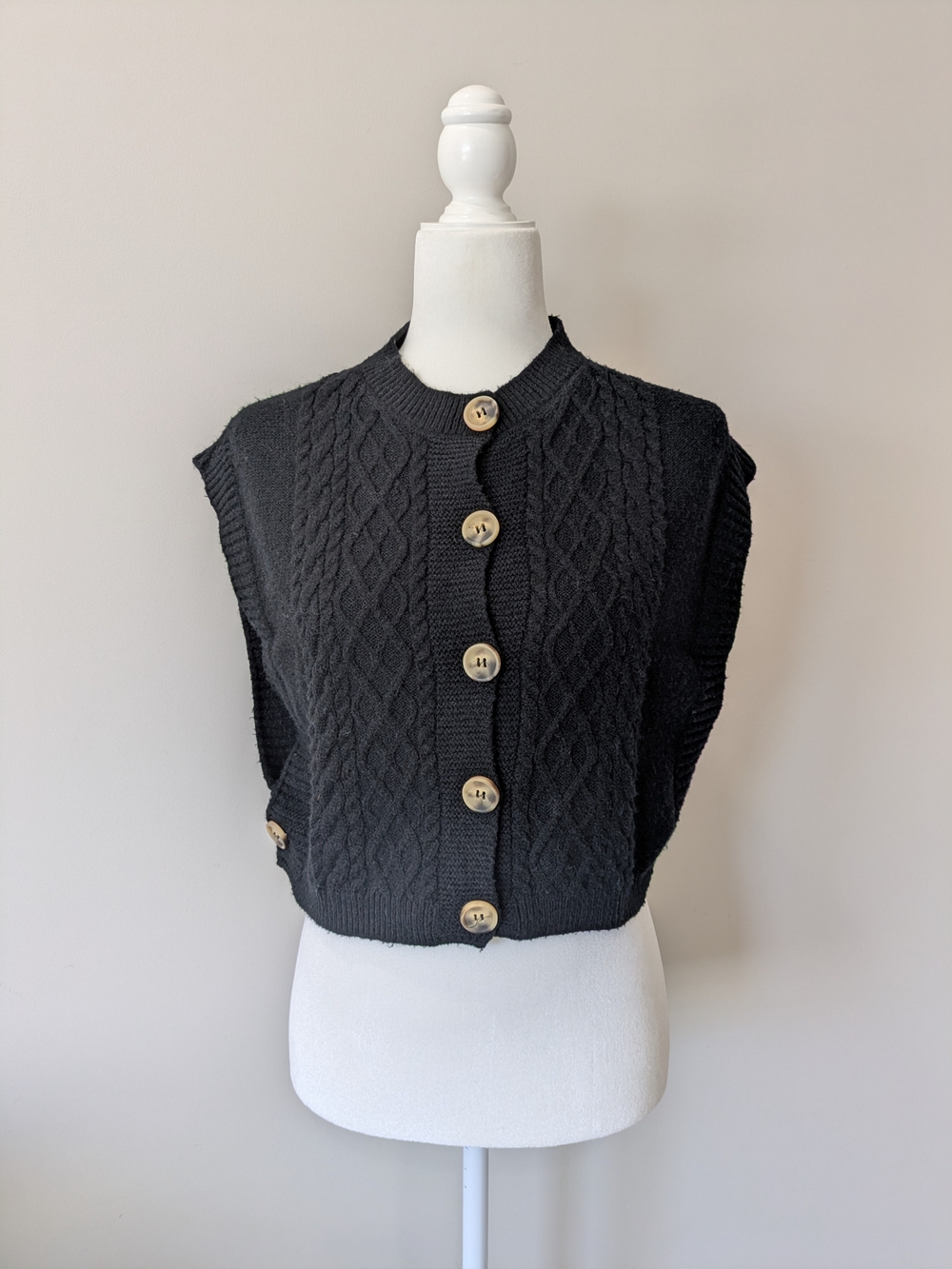 Button-Front Cable Knit Sweater Vest - Black
